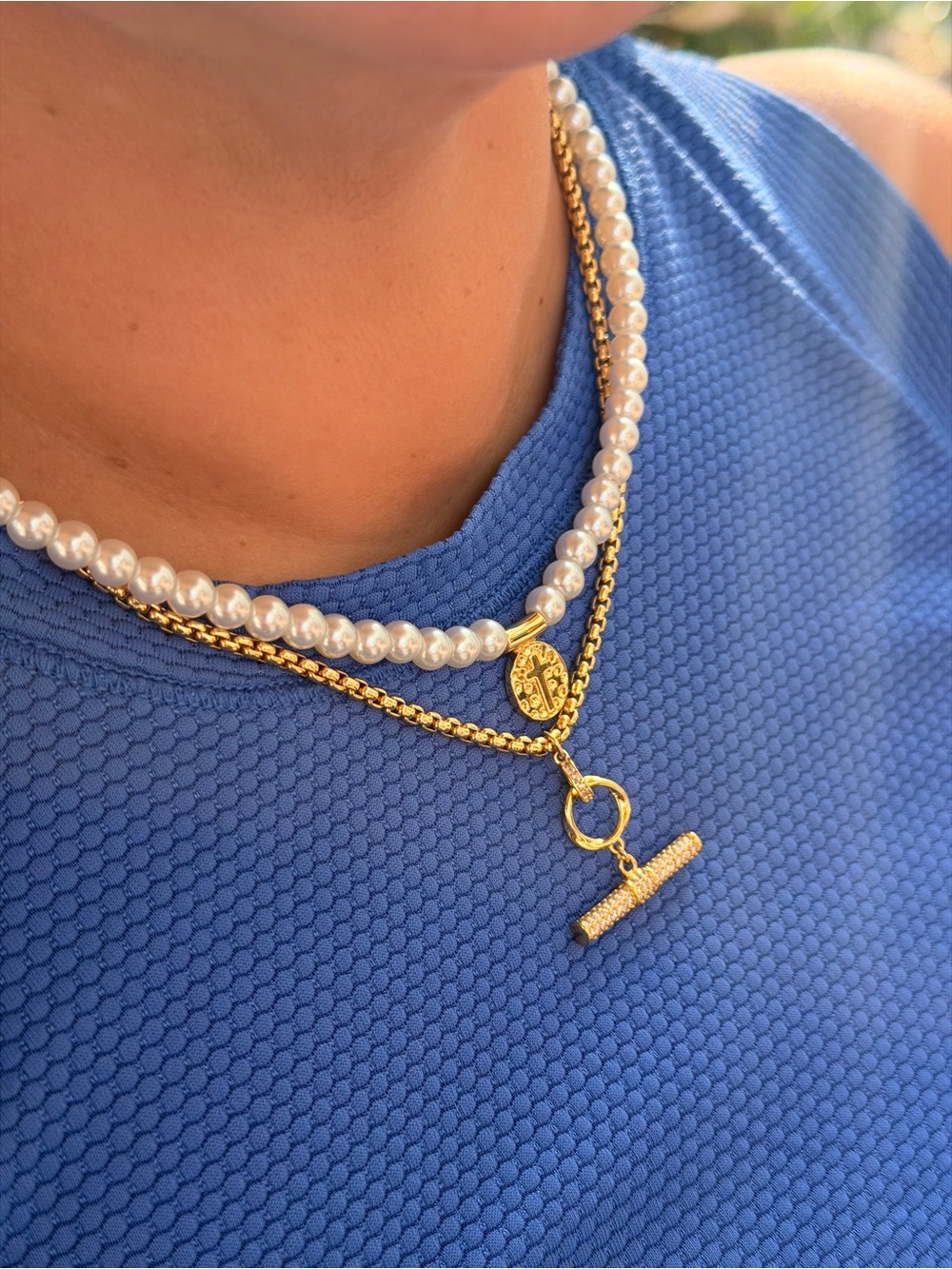Gold and White Pearl Layered Pendant Necklace - Women Jewelry